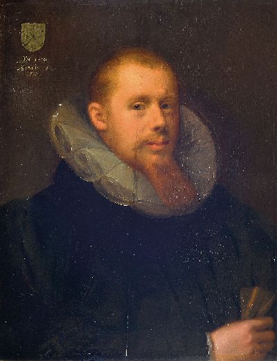 Gortzius Geldorp, 1553 Leuven-1618 Köln, Porträt eines 29jährigen Mannes mit Bart und Mühlenkragen, Öl/Holz, alt restaurierter Längsriss, links ...