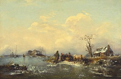 Zuschreibung: Jan Michiel Ruyten, 1813-1881 Antwerpen, Winterlandschaft mit gefrorenem Gewässer und Familie im Pferdeschlitten, Öl/ Lwd, rest., ...
