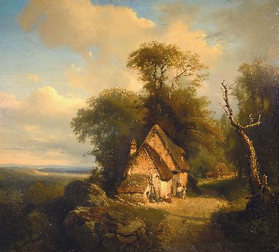 Leopold Kuwasseg, 1804 Triest-1862 Graz, strohgedeckte Bauernhäuser mit Personen am Waldrand, rechts Blick in weite flache Landschaft, ...