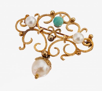 14 kt Gold Perl-Türkis-Brosche, GG 585/000,Oberfläche strukt., aus Voluten, 3 Zuchtperlen, 1 davon bewegl. abgehangen, 1 kl.Türkis-Kugel, sek., ...