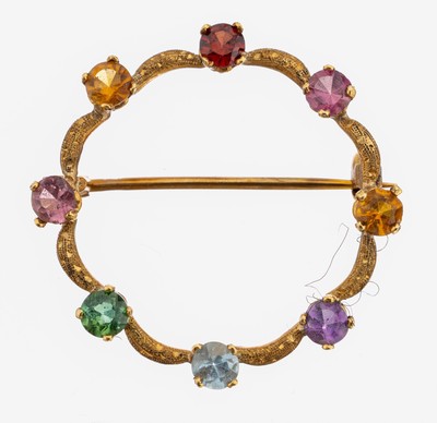 18 kt Gold Farbstein-Brosche, GG 750/000, 8rundfacett. Farbsteine, u.a. Citrine, Amethyste, Blautopas (beh.), D. ca. 2.3 cm, ca. 2.7 g