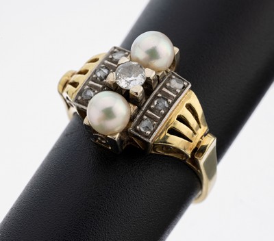 14 kt Gold Diamant-Perl-Ring, 1940er-50er Jahre, GG/WG 585/000, 1 Altschliffdiamant und 6 Diamantrosen zus. ca. 0.28 ct Weiß/p, 2 Zuchtperlen, D. ...