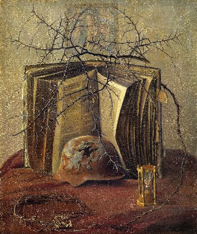 Albert Finck, 1895-1958 Bretten, Militaria -Stillleben im Kontext des 2.WK, mit Stahlhelm, Dornenranke, Stacheldraht, aufgeschlagenem Buch und einem ...