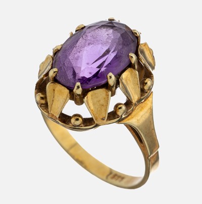 14 kt Gold Amethyst-Ring, 1950er Jahre, GG 585/000, ovalfacett. Amethyst ca. 4 ct, RW 57,ca. 6.4 g
