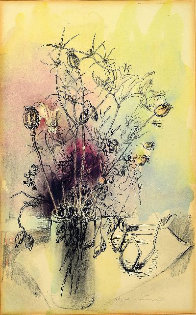 Karl Hufnagel, 1906 Harthausen-1995 Speyer, 2 aquarellierte Tuschezeichnungen: Stillleben mit Disteln und Brille, sign. ca. 40x25cm, PP,u.Gl., R. ca. ...