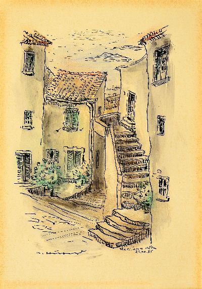 Karl Hufnagel, 1906 Harthausen-1995 Speyer, 3 Aquarelle auf Papier: 1) Ansicht aus Marciana alta, Tusche und Aquarell, sign., betitelt, ca. 22x15cm, ...
