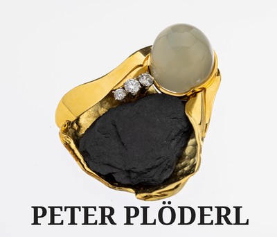 18 kt Gold PETER PLÖDERL Mondstein-Brillant- Brosche, GG 750/000, abstraktes Design, Mondstein-Cabochon, 3 Brillanten zus. ca. 0.75ct Weiß/p, ...