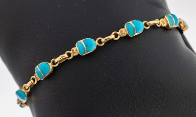 18 kt Gold Türkis-Armband "Skarabäus", GG 750/000, Käfer bes. mit Türkisen, L. ca. 19 cm, Federringschließe, ca. 8.6 g, Türkise z.T. ...