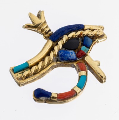 18 kt Gold Lapislazuli-Türkis-Korallen- Anhänger, "Horusauge", GG 750/000, Lapislazuli- Türkis- und Korallen-Cabochons inversch. ...