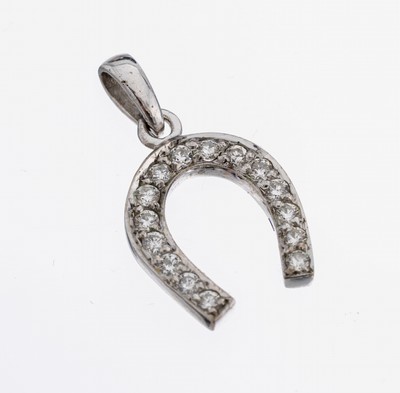18 kt Gold Brillant-Anhänger, WG 750/000, in Form eines Hufeisens, 15 Brillanten zus. ca. 0.15 ct Weiß/si, ca. 1.5 g, ca. 13 x 7 mm