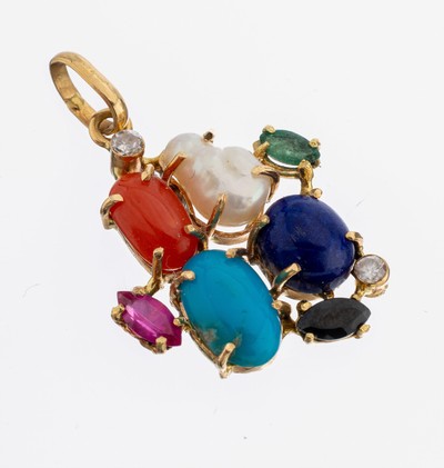14 kt Gold Farbstein-Zuchtperl-Anhänger, GG585/000, Türkis-, Korallen-, Lapislazuli- Cabochon, sowie 2 Diamantimitationen und facett. Rubin-, ...