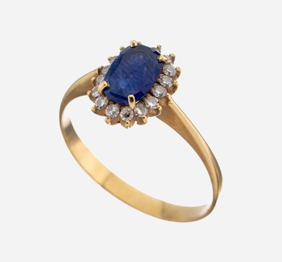 14 kt Gold Saphir-Diamant-Ring, GG 585/000,mittig ovalfacett. Saphir ca. 1.00 ct, umgebenvon 16 8/8-Diamanten zus. ca. 0.16 ct Weiß/p, RW 60, ca. ...