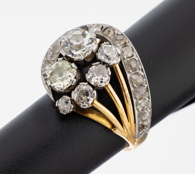 18 kt Gold Diamant-Ring, 1950er Jahre, GG/WG 750/000, 20 Altschliffdiamanten zus. ca.2.25 ct Weiß-get.Weiß/p, 1 Stein fehlt, RW 52,ca. 8.9 g