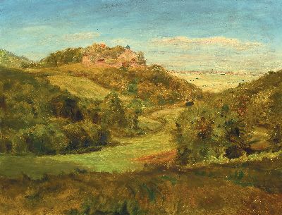 Ludwig Schreieck, 1911 St. Martin-1944 München,, wohl Taunus-Landschaft, Blick vorbei an einer Burganlage in die Ebene, rechts unten signiert und ...