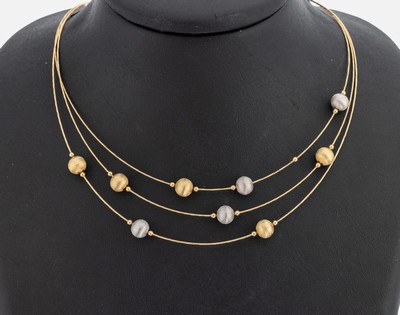 14 kt Gold Collier, GG/WG 585/000, 3-rhg. sat. GG und WG Kugeln als Zwischenglieder, L. variabel ca. 47.5-53 cm, Karabinerschließe, ca. 8.0 g