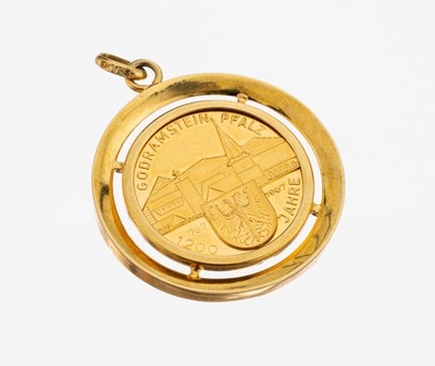 14 kt Gold Medaillen-Anhänger, GG 585/000, lose gefasste Goldmedaille, GG 986/000, 1200 Jahre Godramstein Pfalz, 767-1967, schlichte Fassung, ca. ...