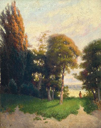 Edmund Fürst, 1874 - 1955,, Sommerlandschaft mit Spaziergängerin, signiert und dat. 1907, Öl/Lwd, ca. 56 x 44 cm, l. rest., l. krakeliert bzw. ...