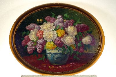 Wilhelm Krüger, geb. 1860, Üppiges Blumenstillleben mit Pfingstrosen und Flieder, Öl/Malkarton, seitlich rechts signiert, im Oval ca. 70x90cm, R. ...