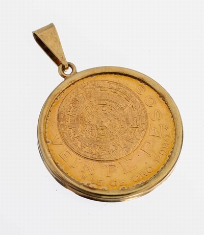 14 kt Gold Münz-Anhänger, GG 585/000, schlichte Fassung, lose gefasste Goldmünze, 20Pesos, Mexiko, 1959, ca. 18.9 g