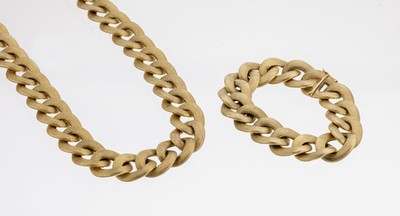 14 kt Gold Schmuckset, ca. 185.5 g, GG 585/000, best. aus: 1 Collier, schauseitig strukt., L. ca. 46.5 cm, Kastenschloss mit Sicherheitsacht, und 1 ...