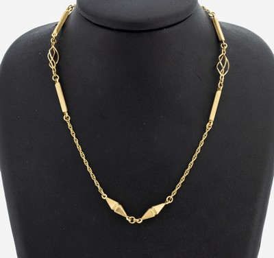 14 kt Gold Collier, GG 585/000, part. pol. und strukt., durchbrochen gearbeitet, L. ca. 93 cm, Federringschließe, ca. 25.9 g