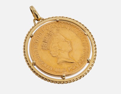 14 kt Gold Münz-Anhänger, GG 585/000, gefasste Goldmünze, 100 Pounds, Elizabeth II, Großbritannien 1987, rs. Britannia mit Schild,1 ounce fine ...