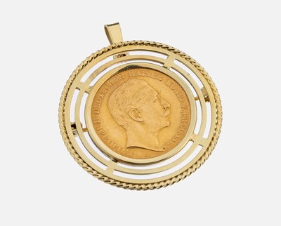 14 kt Gold Münz-Brosche, GG 585/000, gefasste Goldmünze, 20 Mark Goldmünze, 1893, Wilhelm II., Deutscher Kaiser, König von Preussen, ca. 13.1 g