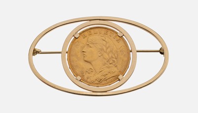 14 kt Gold Münz-Brosche, GG 585/000, gefasste Goldmünze, 20 Franken, Schweiz, 1922,sogn. Vreneli, ca. 12.1 g
