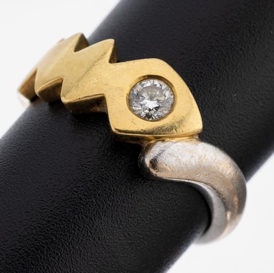 18 kt Gold Brillant-Ring, GG/WG 750/000, abstrakte Schlange, Brillant ca. 0.17 ct feines Weiß/vs, RW 55, ca. 6.4 g