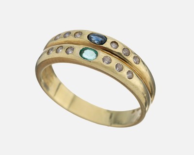 14 kt Gold Saphir-Smaragd-Ring, GG 585/000,ovalfacett. Saphir und Smaragd zus. 0.06 ct, Diamantimitationen, RW 56, ca. 3.9 g