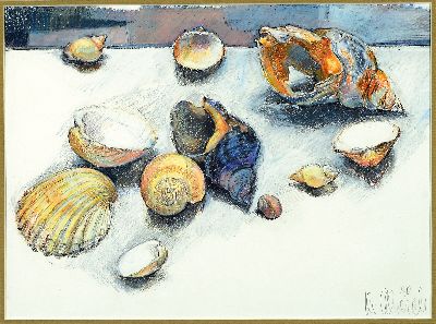 Christel Abresch, 1931-2011 Neustadt a.d.Wstr., Stillleben mit Muscheln, aquarellierte Bleistiftzeichnung, rechts unten signiert, ca.26x35cm, PP, ...