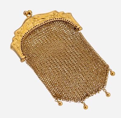 18 kt Gold Täschchen, Frankreich, um 1900, GG 750/000, Adlerkopfpunze, Bügel mit floralemDekor, Anhängeöse, Kugelabhängung, hervorragende ...