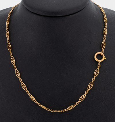 18 kt Gold Kette, wohl Frankreich, um 1900, GG 750/000, Glieder einzeln verlötet, L. ca. 77 cm, Federringschließe, ca. 16.8 g
