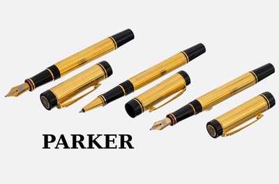 3-teiliges Schreibset Parker Duofold Centennial, gold-coated, 1990er Jahre, 1 x Füllfederhalter groß, Feder 18 kt Gold, 1 x Füllfederhalter ...