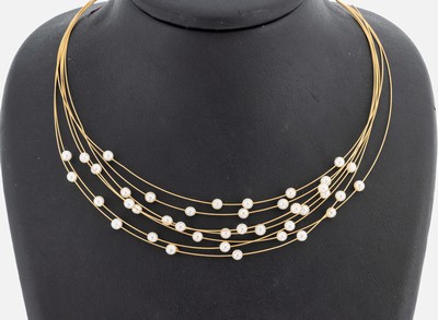 14 kt Gold Perl-Collier, GG 585/000, 7-rhg.kl. Zuchtperlen als Zwischenglieder, L. ca. 41cm, Karabinerschließe, ca. 9.3 g