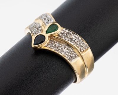 14 kt Gold Farbstein-Diamant-Ring, GG 585/000, Saphir-Tropfen und Smaragd-Tropfen zus. ca. 0.18 ct, 20 8/8-Diamanten zus. ca 0.10 ct Weiß/p, RW 63, ...