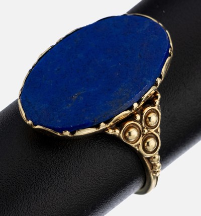 14 kt Gold Lapislazuli-Ring, GG 585/000, ovale Lapislazuliplatte, RW 52, ca. 3.4 g