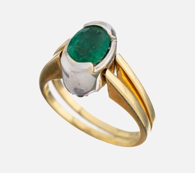 18 kt Gold Smaragd-Brillant-Variationsring, WG/GG 750/000, Ringkopf beidseitig tragbar, ovalfacett. Smaragd ca. 1.30 ct, 22 Brillantenzus. ca. 0.22 ...