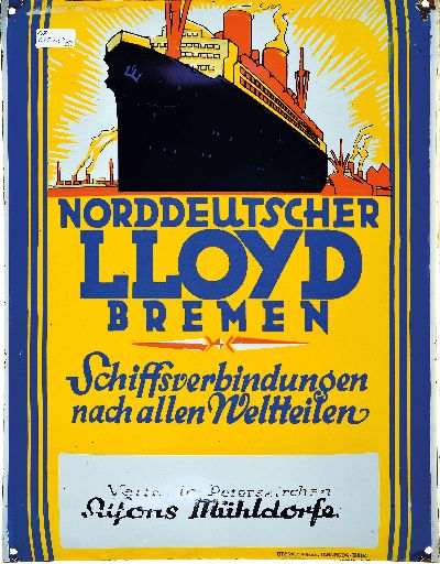 Emailschild Norddeutscher LLoyd Bremen, Tannroda, 1920er-Jahre, Metall mehrfarbig emailliert, Lithographierter Dekor, mattiertes Vertreter-Feld ...