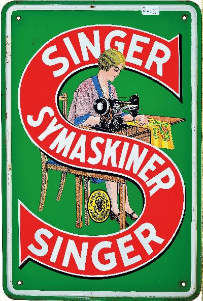 Emailschild Singer Symaskiner, Dänemark, 1930er-Jahre, Metall mehrfarbig emailliert, lithographierter Dekor, bezeichnet A/S Glud & Marstrands Fabr., ...
