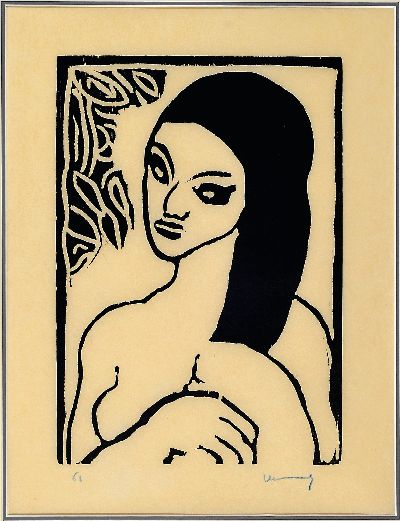 Maurice de Vlaminck, 1876-1958, Jeune fille se coiffant, Holzschnitt, handsign., ca. 31x22cm, PP, u.Gl., R. ca. 65x52cm