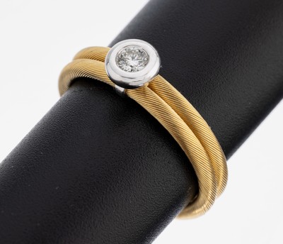 Ausgefallener 18 kt Gold Brillant-Ring, GG/WG 750/000, in WG gefasster Brillant ca. 0.15 ct Weiß/si, Ringschiene aus gekordeltem Golddraht, RW ...