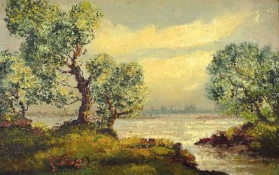 Karl Philipp Spitzer, 1887-1954 Speyer, farbstarke Altrheinlandschaft mit detailliertem Panorama von Speyer, signiert in rot, Öl/Masonit, 73x115 cm, ...