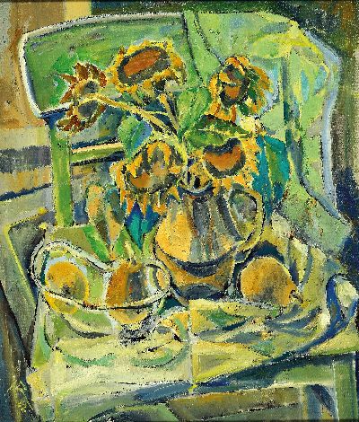 Heinz Reiss, 1923 Haßloch-2008, Stillleben mit Sonnenblumen und Birnen auf einem grünen Stuhl, links unten monogrammiert und datiert 1982, Öl/Lwd, ...