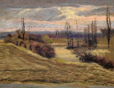 Werner Brand, 1933 Löbau-2021 Hochstadt, Pastell/Papier, abendliche Landschaft bei Dudenhofen im Vorfrühling, violette Akzente des austreibenden ...