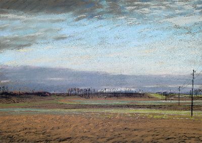 Werner Brand, 1930 Löbau-2021 Hochstadt, Pastell/Papier, abendlicher Landschaftszug beiLandau, signiert und datiert, unter Glas gerahmt 60x70 cm