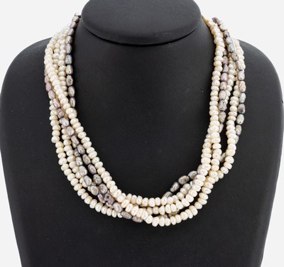 Perl-Collier mit 14 kt Gold Schließe, GG 585/000, 5-rhg. barocke Süßwasserzuchtperlen in versch. Größen, Formen und Farben, L. ca. 42 cm, ...