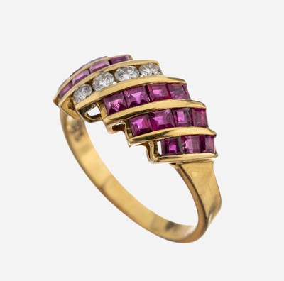 18 kt Gold Rubin-Brillant-Ring, GG 750/000,18 Rubin-Carrees zus. ca. 0.27 ct, 4 Brillanten zus. ca. 0.12 ct Weiß/si, RW 51, ca. 3.9 g