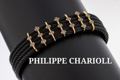 18 kt Gold PHILIPPE CHARRIOL Diamant Armreif, GG 750/000 und geschwärzter Stahl, 17 8/8- Diamanten zus. ca. 0.11 ct get.Weiß/p, ca. 31.7 g, D ca. ...
