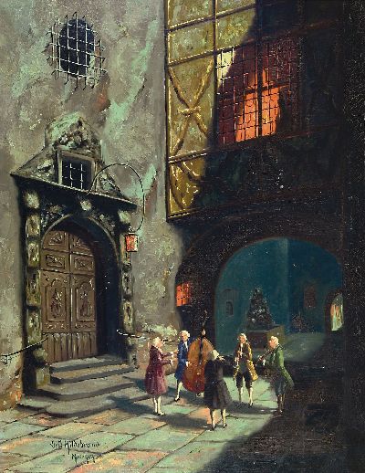 Emil Hildebrand, deutscher Künstler um 1900-1930, Serenade, Musikergruppe vor einem Hausportal bei nächtlichem Ständchen, Öl/Lwd, links unten ...